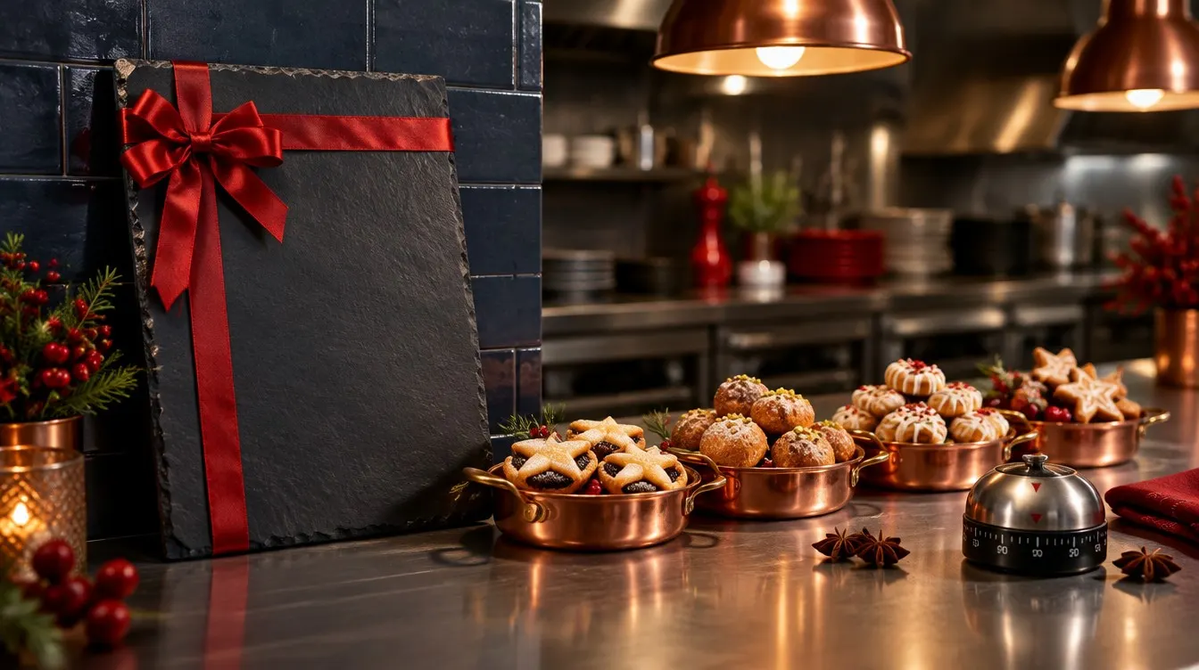 Schiefertafel mit roter Schleife an dunklen Fliesen, davor kleine Kupferschalen mit Weihnachtsgebäck, Sternanis und eine Küchenuhr auf einer Edelstahltheke