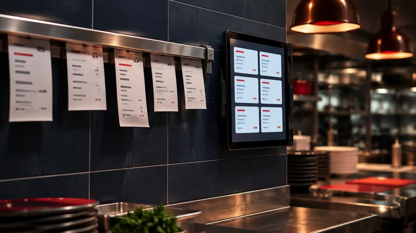 Papierbons an der Bonleiste einer Profiküche, daneben ein Tablet an der Wand, auf dem die Bons digital erscheinen