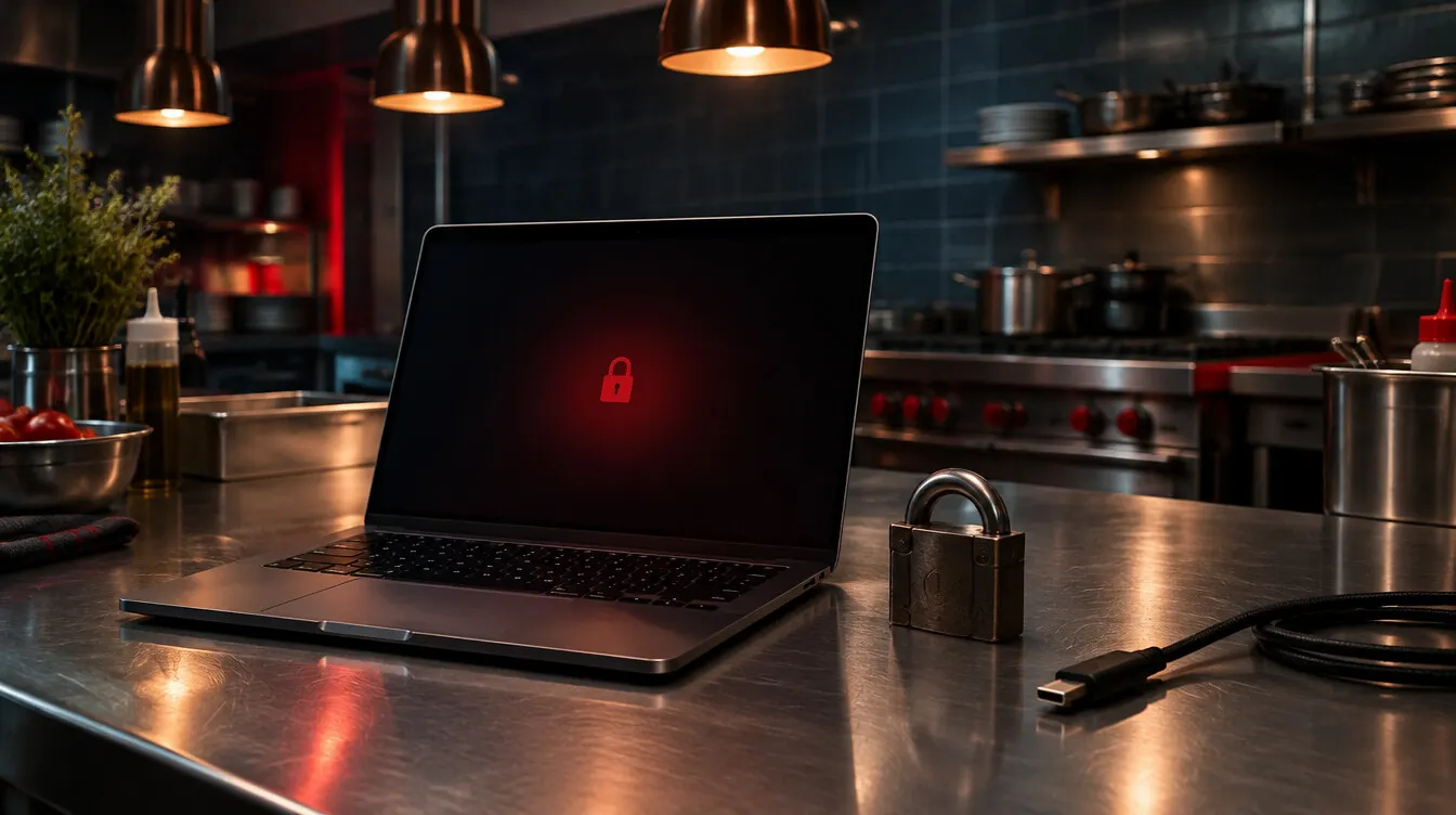 Laptop mit rot leuchtendem Schloss-Symbol auf der Arbeitsfläche, daneben ein Vorhängeschloss und ein abgezogenes Kabel