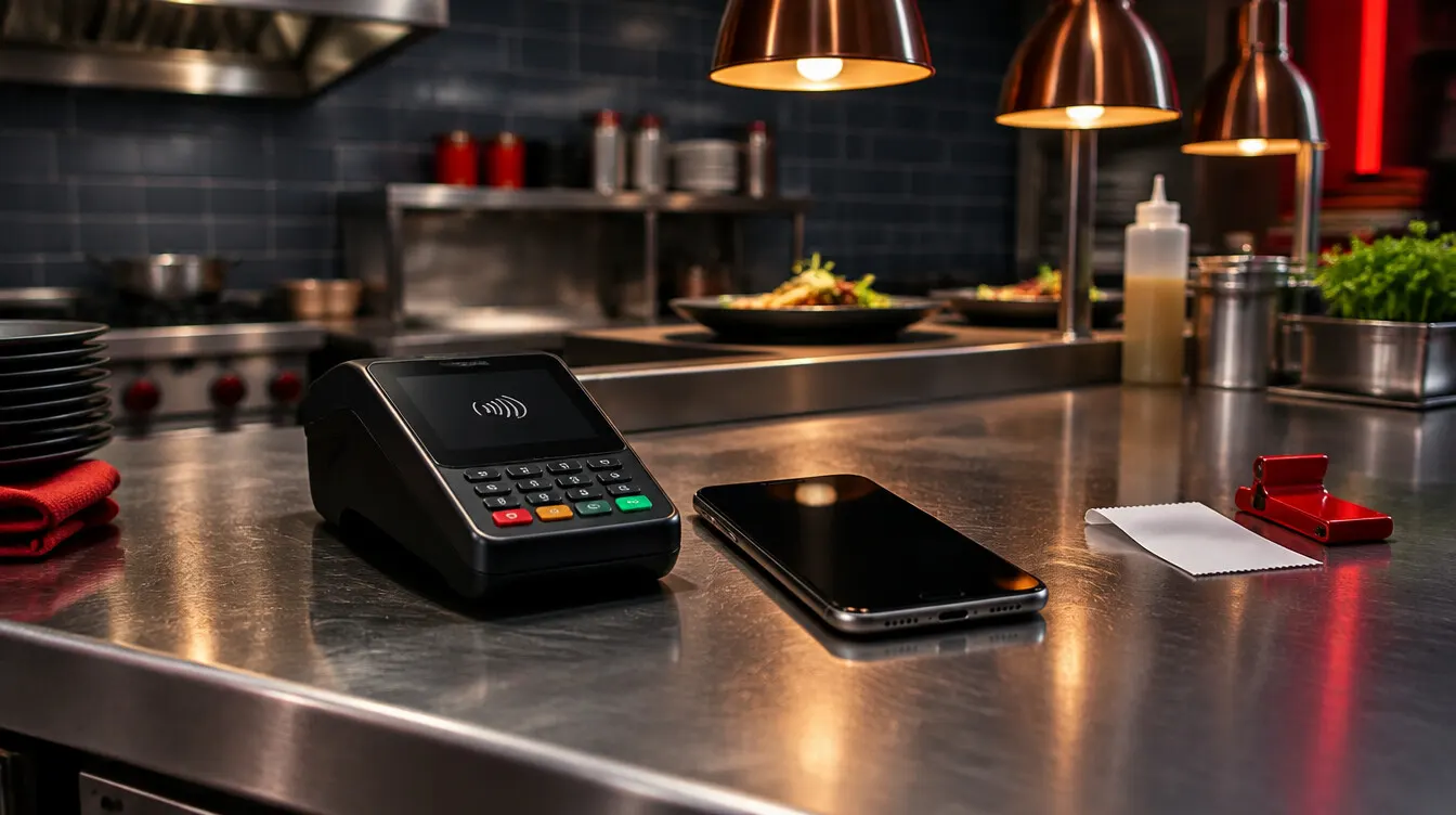 Kartenterminal für kontaktloses Bezahlen und Smartphone auf der Durchreiche, daneben ein Beleg