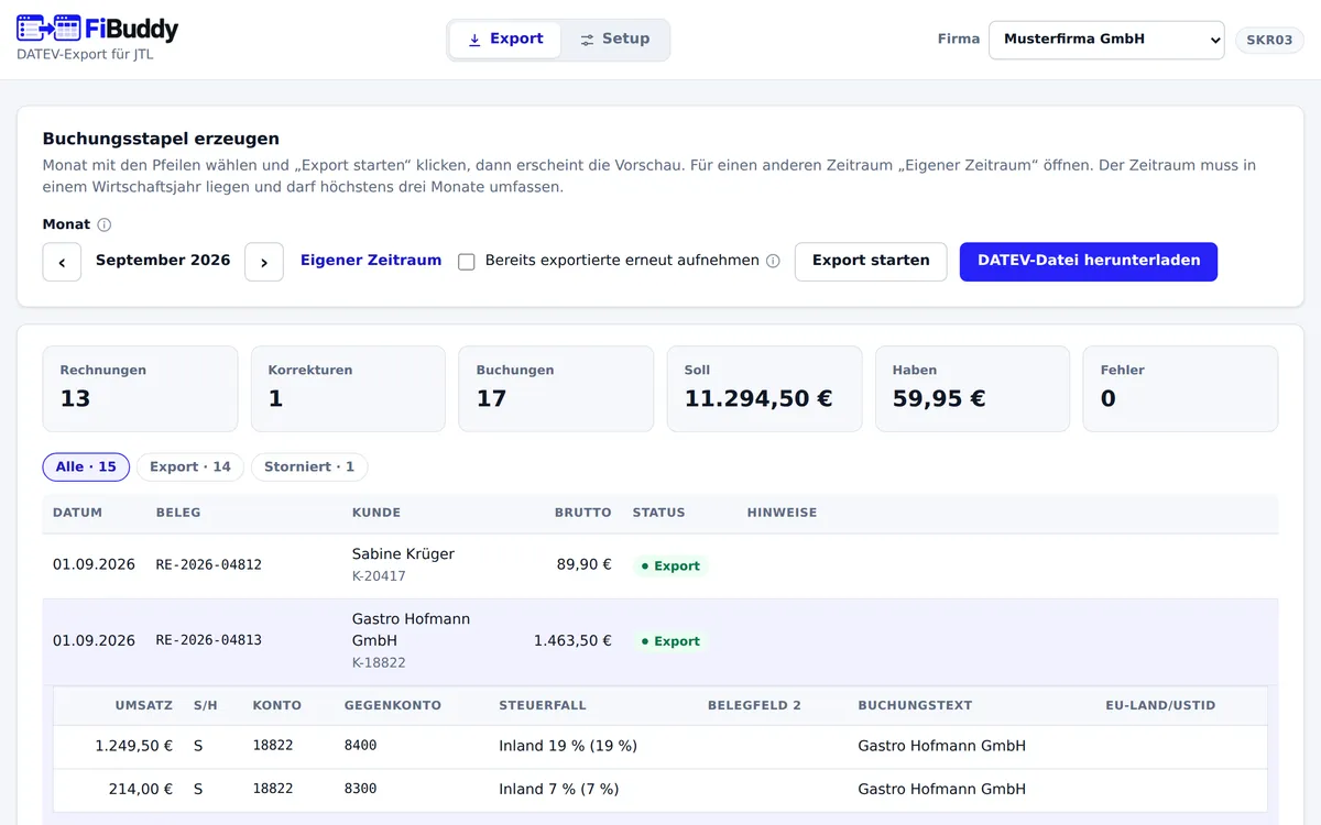 FiBuddy: Exportvorschau mit Hinweisen je Beleg