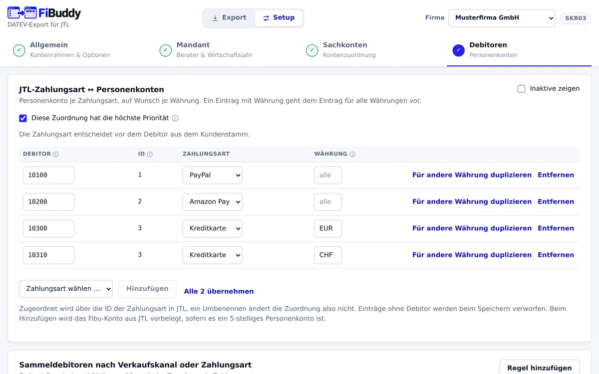 FiBuddy: Einstellungen für Debitoren