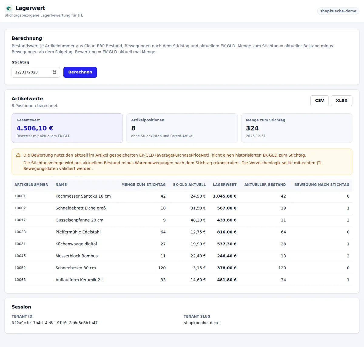 Lagerwert: Bewertung zum Stichtag in JTL ERP