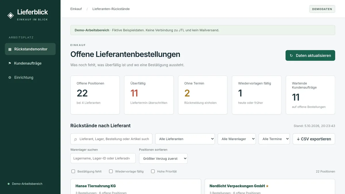 Lieferblick: Übersicht der Lieferanten-Rückstände