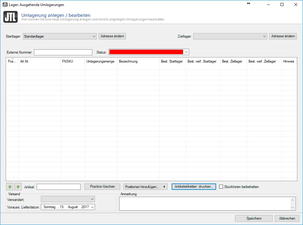 Screenshot: Umlagerung zu FBA in der JTL-Wawi mit Schaltfläche „Artikeletiketten drucken…“