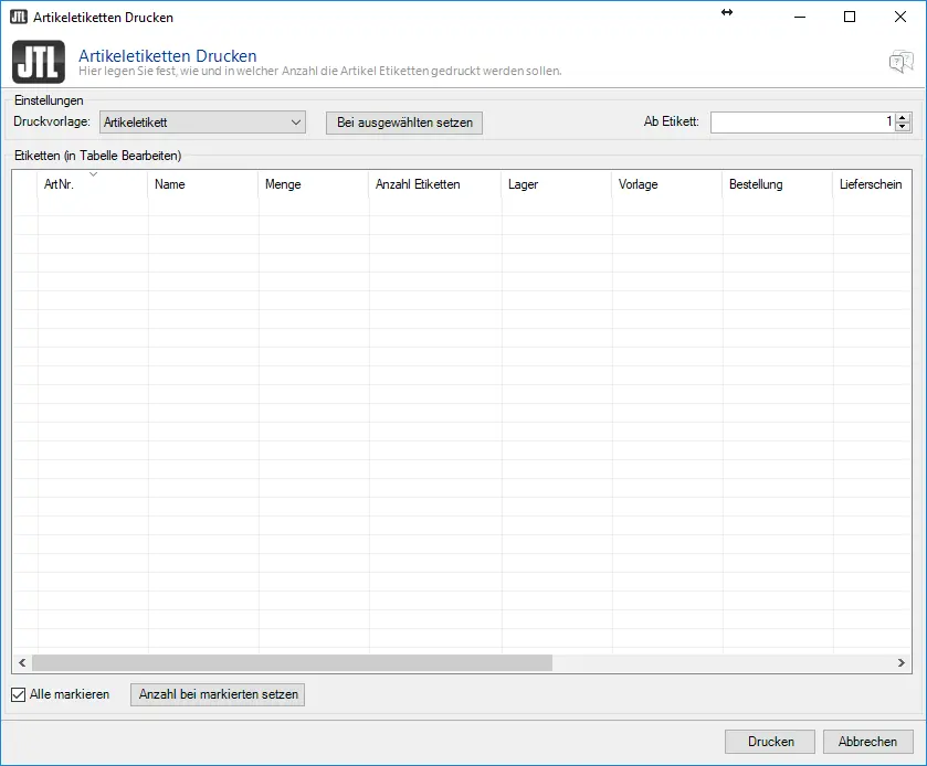 Screenshot: Druckvorlage „Amazon FBA-Etiketten“ für Artikeletiketten auswählen