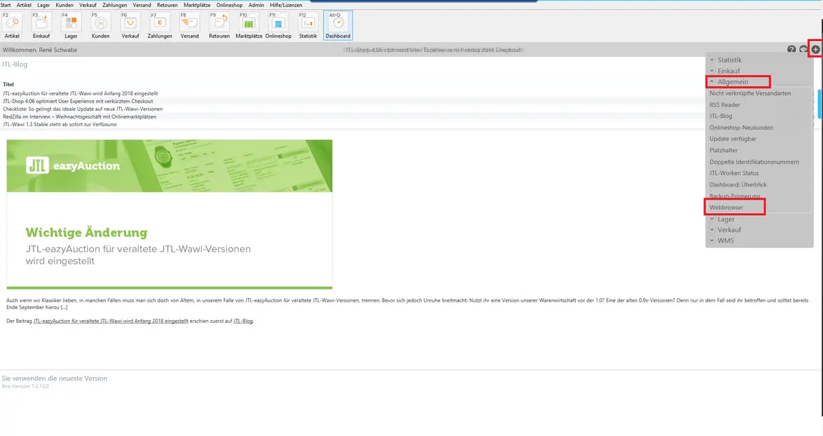 Screenshot: Widget „Webbrowser“ unter „Allgemein“ im Dashboard der JTL-Wawi hinzufügen