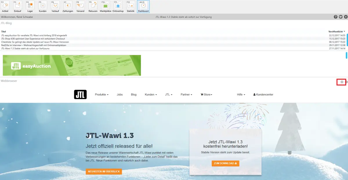 Screenshot: Neues Webbrowser-Widget im Dashboard mit markiertem Zahnrad