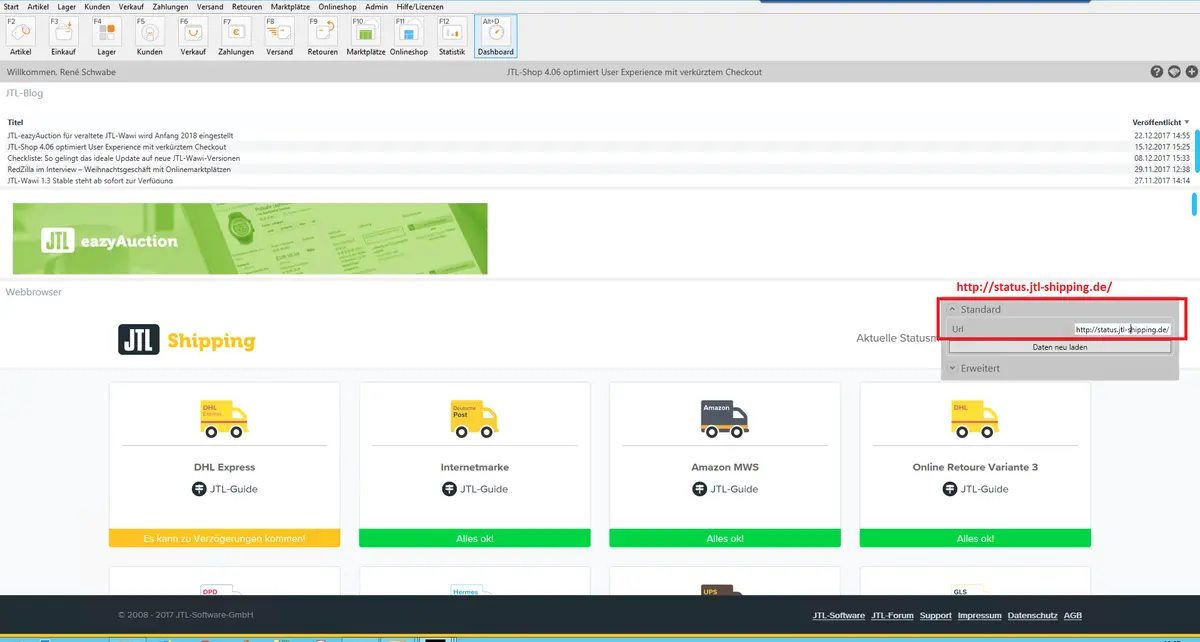 Screenshot: Widget-Einstellungen mit der URL der JTL Shipping Statusseite