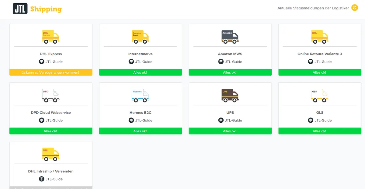 JTL Shipping Statusseite Screenshot: JTL Shipping Statusseite mit aktuellen Statusmeldungen der Versanddienstleister