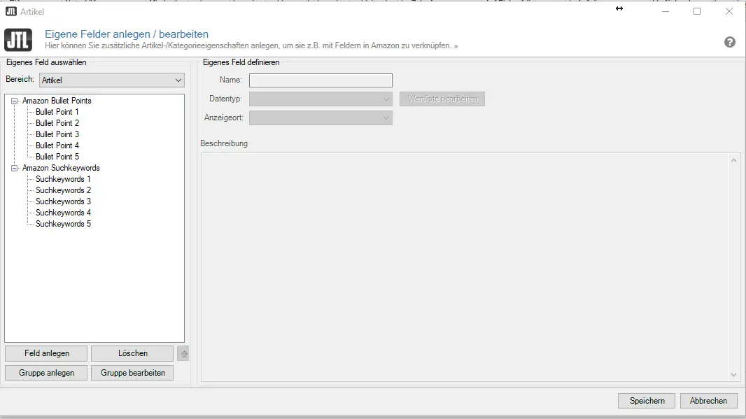 Screenshot: Angelegte eigene Felder für Bullet Points und Suchkeywords in der JTL-Wawi