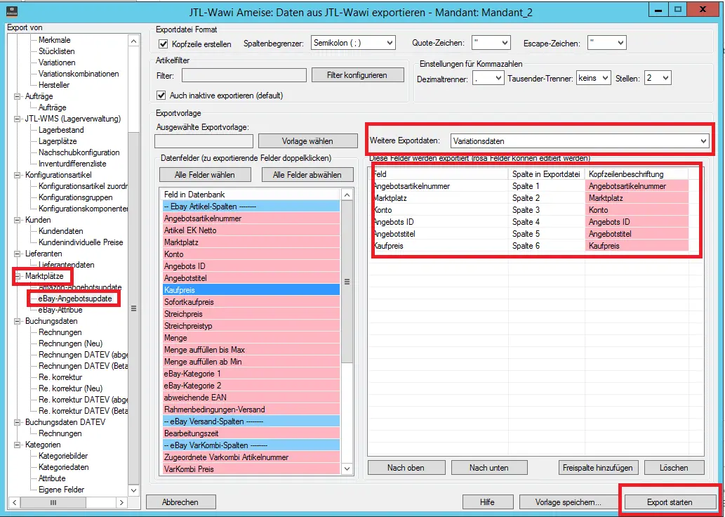 Screenshot: Export „eBay-Angebotsupdate“ in der JTL-Ameise mit ausgewählten Feldern