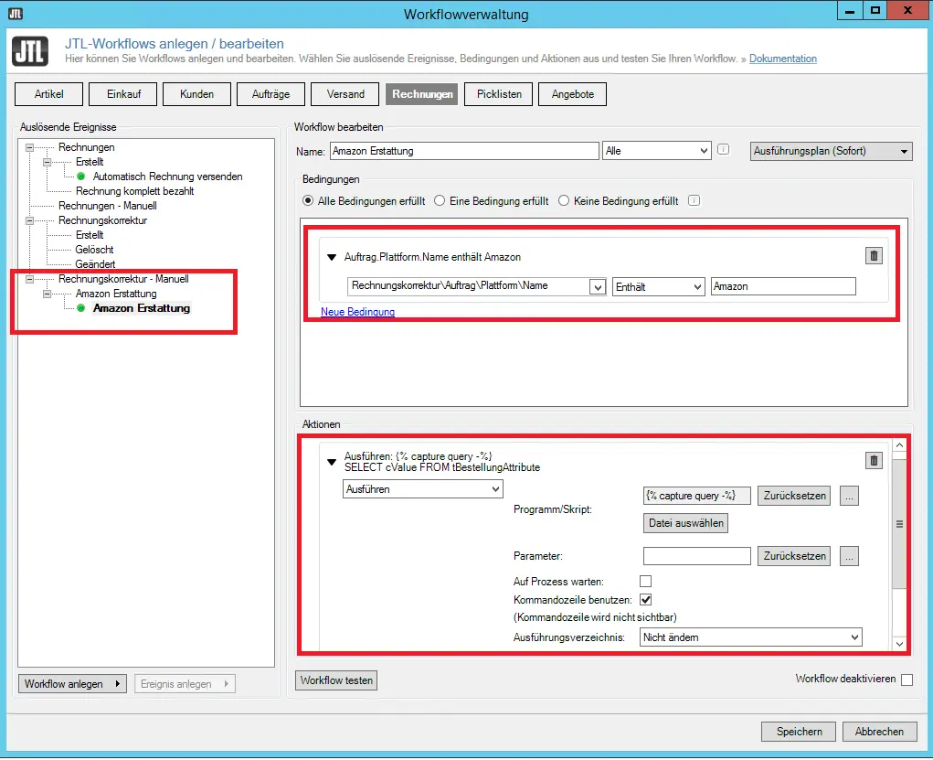 Screenshot: Neues Ereignis unter „Rechnungskorrektur – Manuell“ in den JTL-Workflows