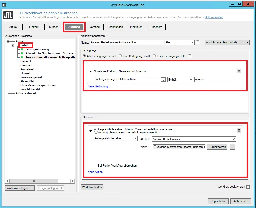 Screenshot: Neuer JTL-Workflow für das Ereignis „Erstellt“ unter „Aufträge“