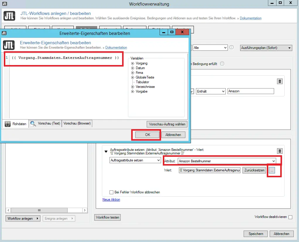 Screenshot: Workflow-Aktion „Auftragsattribute setzen“ mit Attribut „Amazon Bestellnummer“