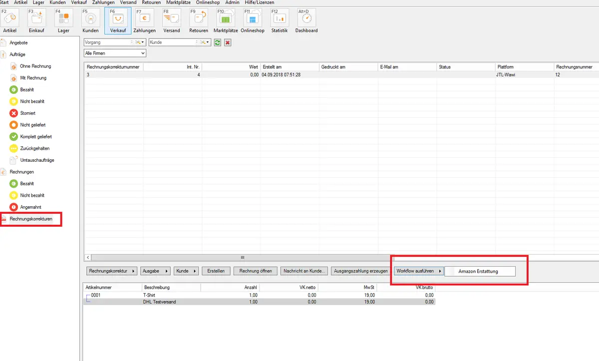 Screenshot: Manuellen Workflow für eine Rechnungskorrektur in der JTL-Wawi starten