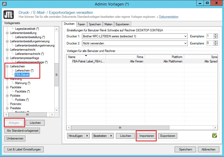 Screenshot: Neues Vorlagenset „FBA-Etikett“ für Lieferscheine in der JTL-Wawi importieren