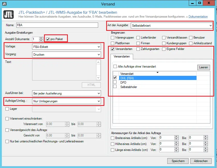 Screenshot: Ausgabe des FBA-Etiketts am Packtisch mit Option „Nur Umlagerungen“