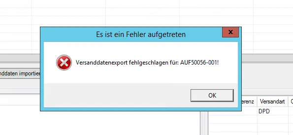 Screenshot: Pop-up „Versanddatenexport fehlgeschlagen“ mit Lieferscheinnummer